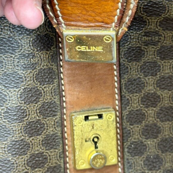 👜 VINTAGE CELINE MACADAM CANVAS & CALFSKIN BOSTON TRAVEL BAG - TAN LEATHER 👜 - Picture 10 of 13